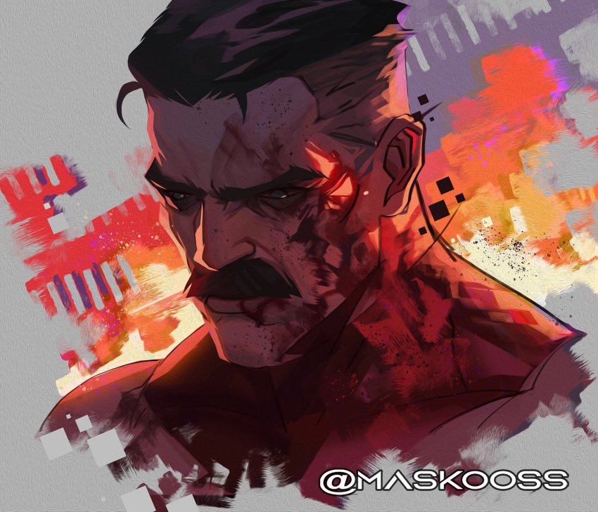 1boy, @_(symbol), artist_name, black_hair, blood, blood_on_clothes, blood_on_face, bloodshot_eyes
