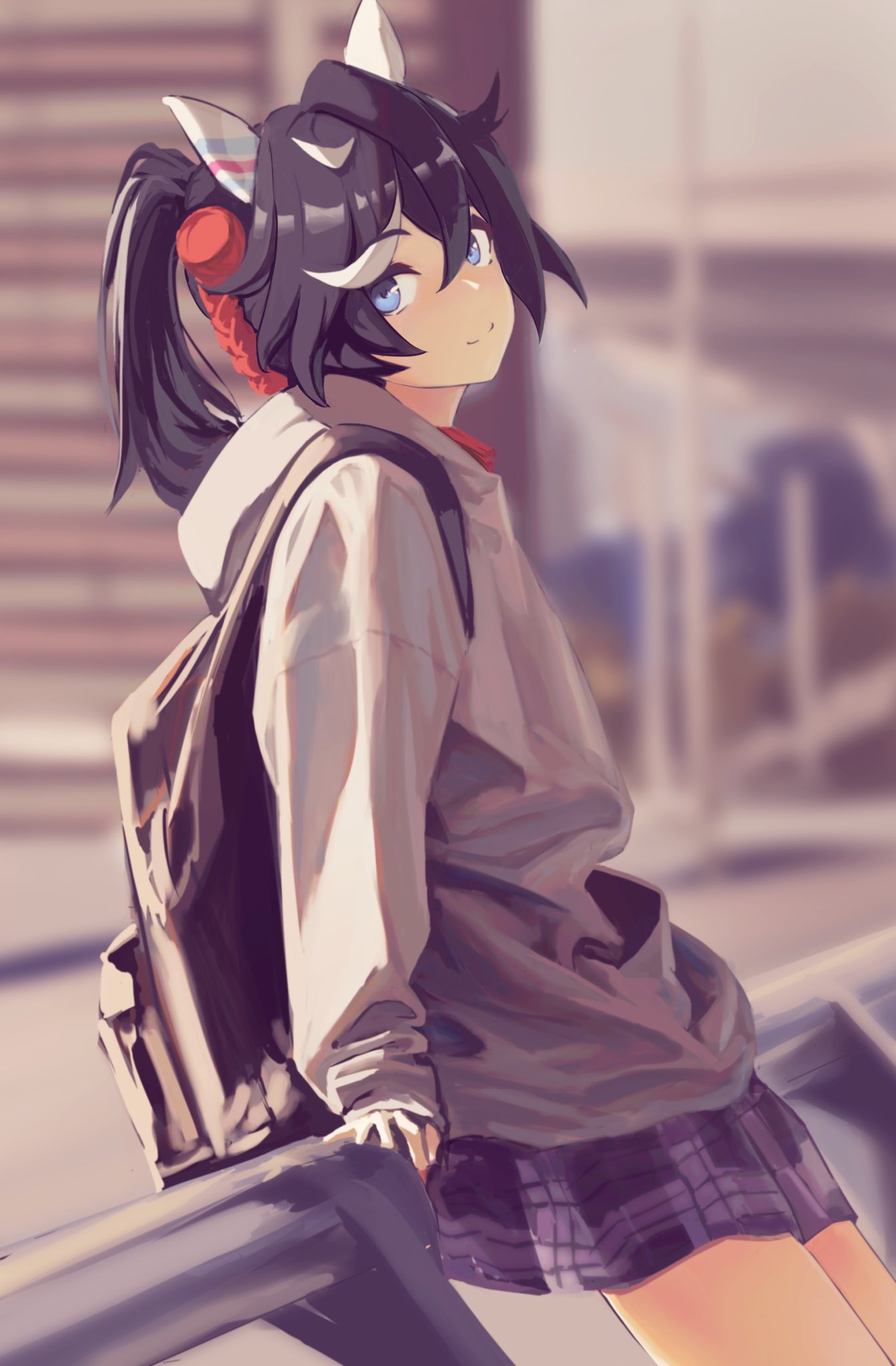 against_railing, alternate_costume, animal_ears, backpack, bag, black_hair, black_skirt, blue_eyes