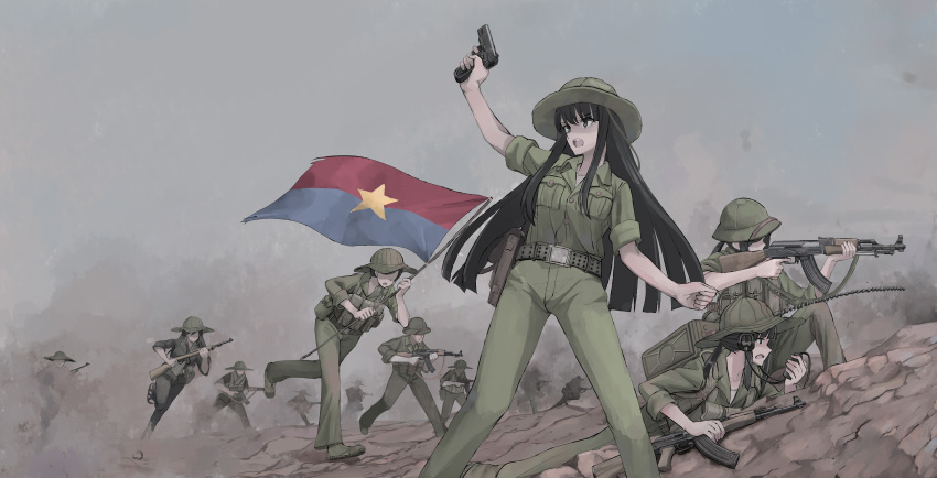 6+girls, absurdres, ammunition_pouch, assault_rifle, black_hair, black_pants, black_shirt, boonie_hat