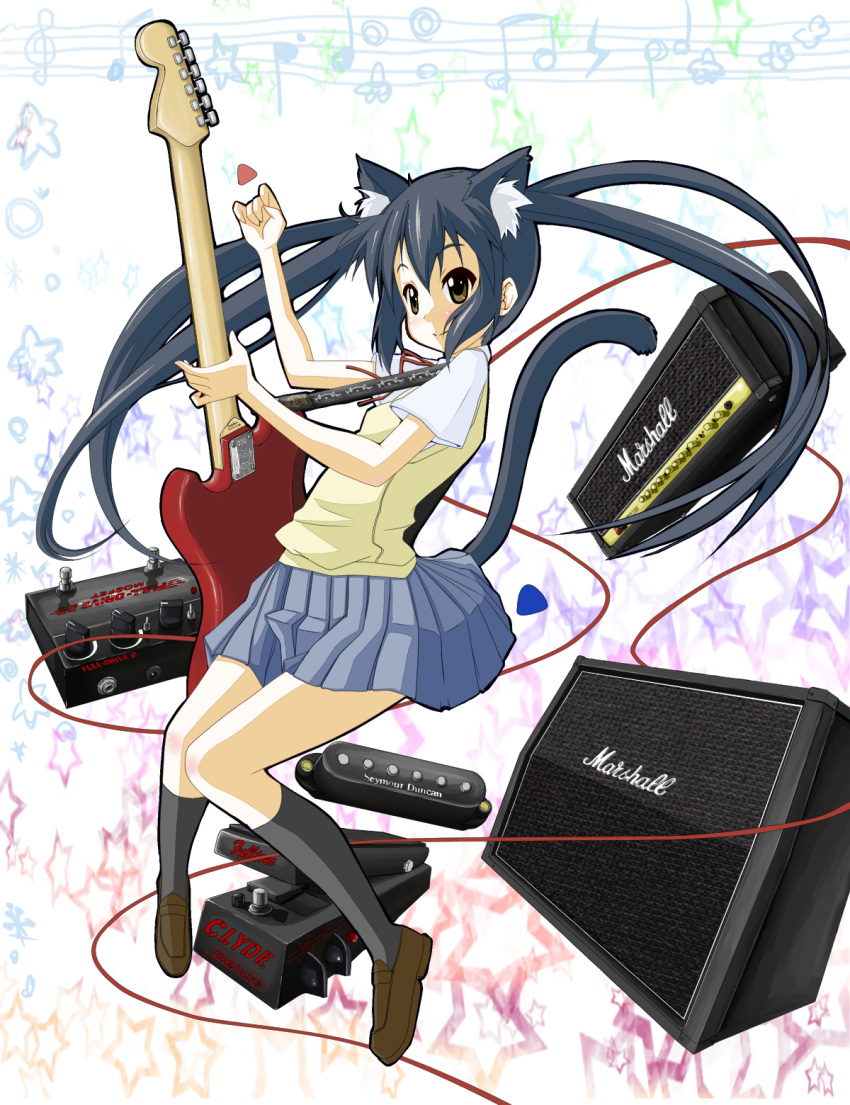 animal_ears, bad_id, black_hair, brown_eyes, cat_ears, guitar, highres, instrument, k-on!, long_hair, m-y-w, nakano_azusa, pedal, plectrum, school_uniform, speaker, tail, twintails