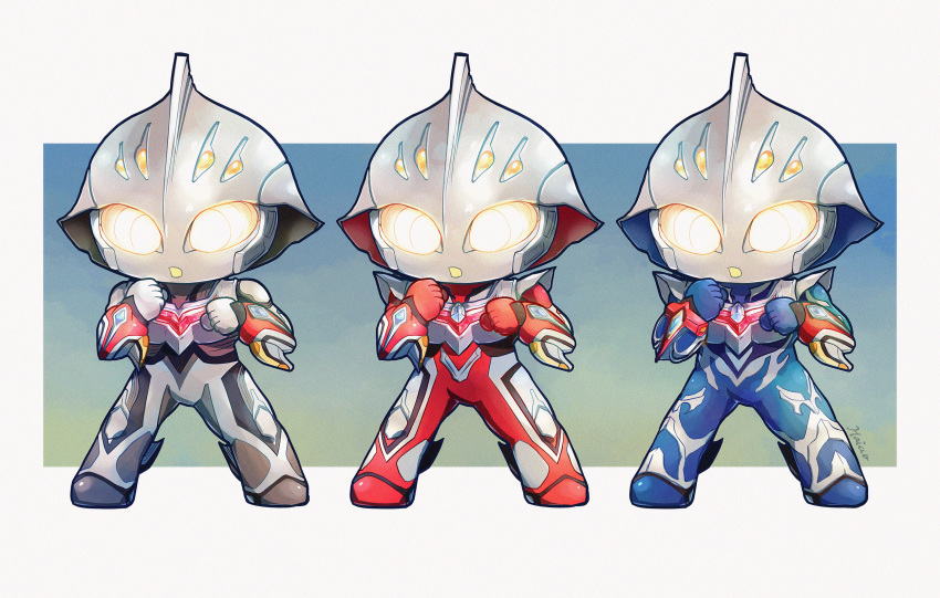 1boy, alien, arm_blade, black_skin, blue_background, blue_skin, chibi, clenched_hands