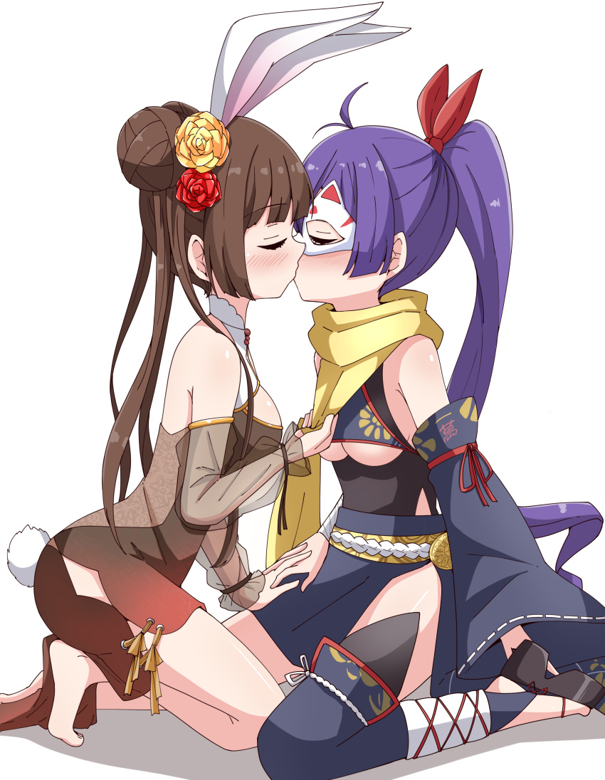 2girls, absurdres, aikawa_ryou, animal_ears, barefoot, blush, breasts, closed_eyes, cloth_pull, commission, commissioner_upload, flower, fox_mask, highres, interlocked_fingers, kaguyahime_(mahjong_soul), kiss, long_sleeves, mahjong_soul, mask, multiple_girls, ninja, non-web_source, official_alternate_costume, orange_flower, rabbit_ears, rabbit_tail, ransei_(mahjong_soul), red_flower, sandals, scarf, see-through_clothes, see-through_sleeves, sidelocks, skeb_commission, tail, under_boob, yuri