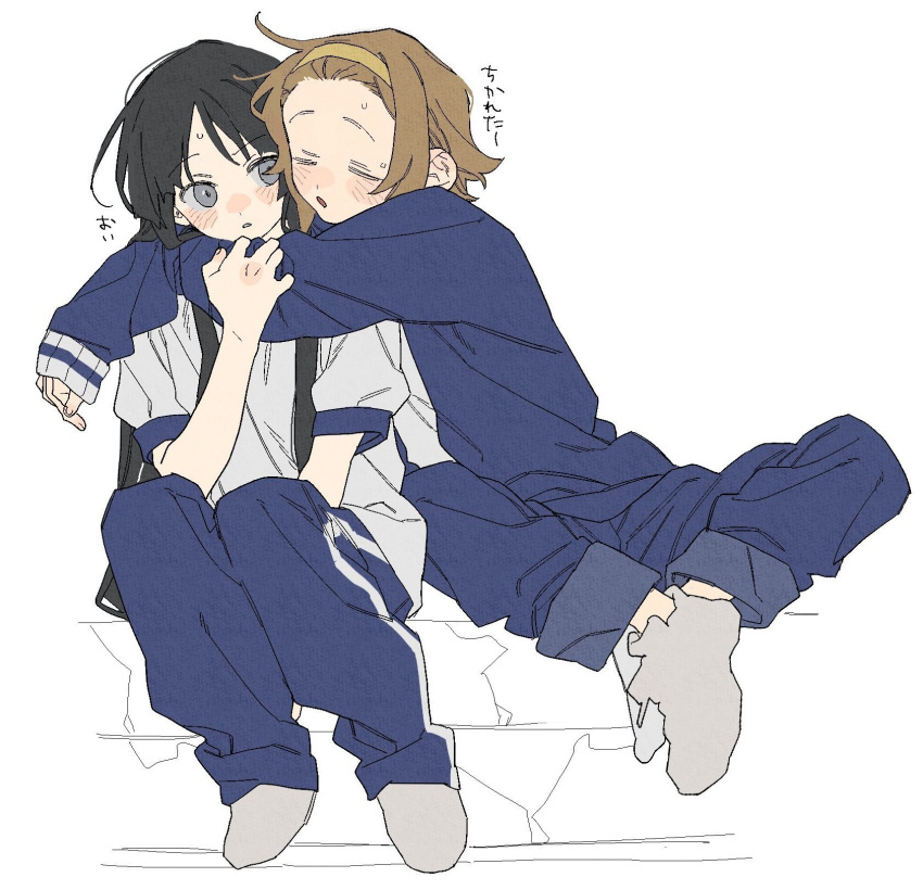 2girls, akiyama_mio, arms_on_another's_shoulder, black_hair, blue_track_suit, blush, brown_hair, closed_eyes
