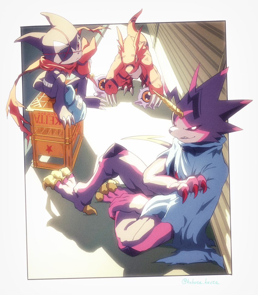 black_scales, black_sclera, blue_cloak, blue_gloves, border, cloak, colored_sclera, demon_boy