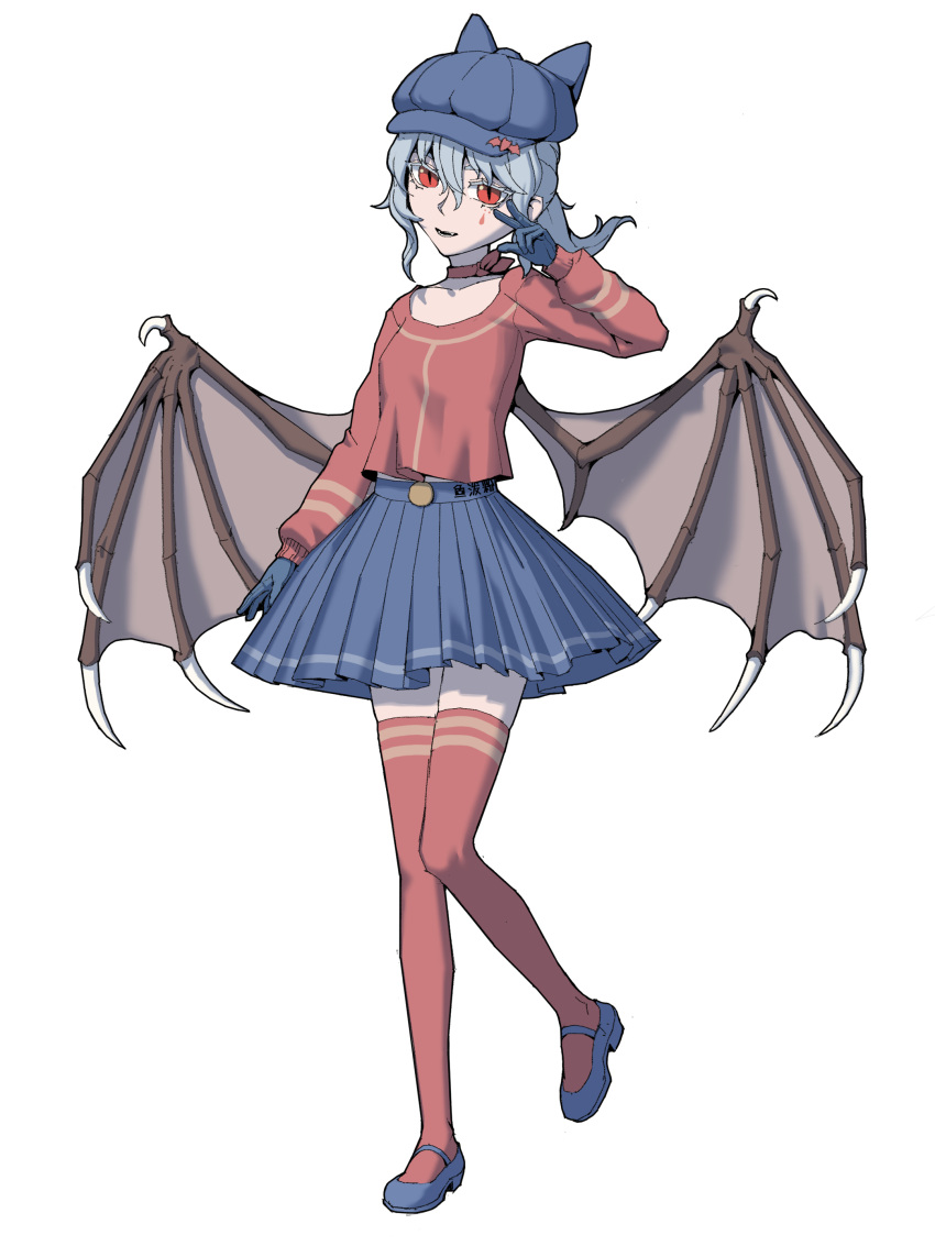 1girl, absurdres, alternate_costume, alternate_hairstyle, animal_ear_headwear, bat_ornament, bat_wings, blue_gloves