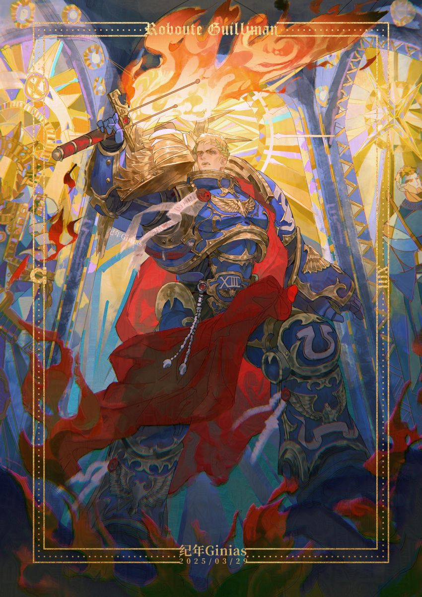 1boy, absurdres, arm_up, armor, armored_boots, artist_name, blonde_hair, blue_armor