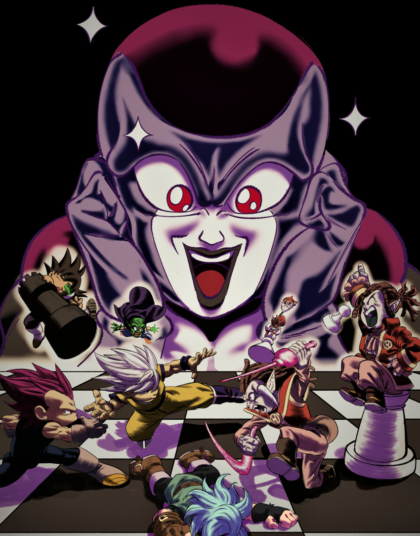 1girl, 6+boys, absurdres, antenna_hair, arm_up, asymmetrical_dual_wielding, bardock, black_frieza