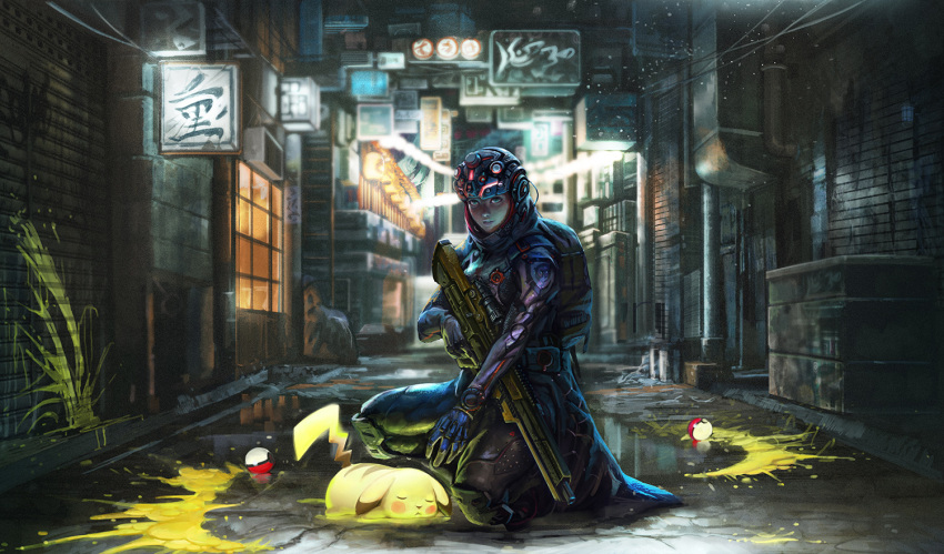 1girl, aqua_eyes, blurry, blurry_background, city, commentary, cyber_fashion, cyberpunk