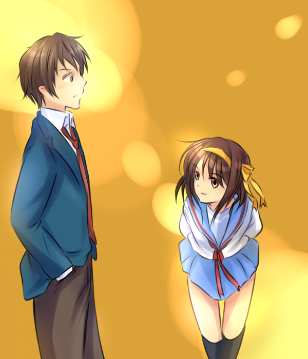 bent_over, brown_eyes, brown_hair, hair_ribbon, kyon, nouzu, ribbon, school_uniform, short_hair, suzumiya_haruhi, suzumiya_haruhi_no_yuuutsu