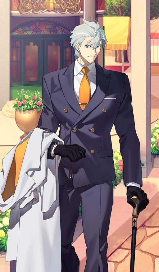 1boy, architecture, avalon_le_fae_(fate/grand_order), black_gloves, blue_eyes, blue_jacket, blue_pants, blue_suit, broad_shoulders, building, buttons, cane, chain, closed_mouth, coat, collared_shirt, commentary, double-breasted, dress_pants, dress_shirt, fate/grand_order, fate_(series), feet_out_of_frame, formal_clothes, gloves, grey_hair, hair_between_eyes, holding, holding_cane, holding_coat, holding_unworn_clothes, jacket, lapels, long_sleeves, looking_at_viewer, male_focus, necktie, official_art, orange_necktie, outdoors, pants, peaked_lapels, percival_(dream_portrait)_(fate), percival_(fate), plant, potted_plant, shiramine_(srmn09), shirt, short_hair, smile, solo, standing, suit, suit_jacket, third-party_source, tie_clip, unworn_coat, white_coat, white_shirt, wing_collar