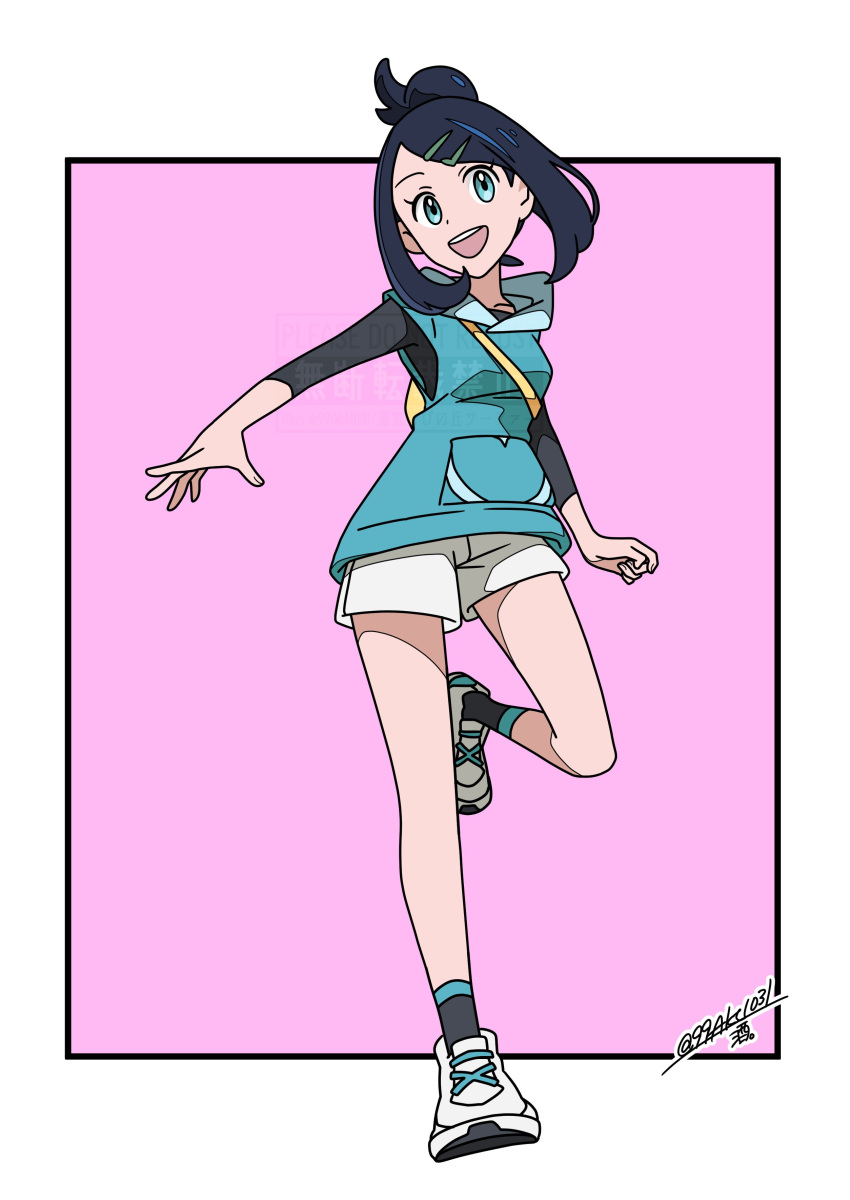 1girl, 99akt1031, :d, absurdres, black_hair, black_shirt, black_socks, blue_eyes, eyelashes, full_body, hair_bun, hair_ornament, hairclip, happy, highres, leg_up, liko_(pokemon), open_mouth, pokemon, pokemon_(anime), pokemon_horizons, shirt, shoes, shorts, signature, smile, socks, solo, standing, standing_on_one_leg, teeth, twitter_username, upper_teeth_only, vest, watermark, white_shoes, white_shorts, yellow_bag