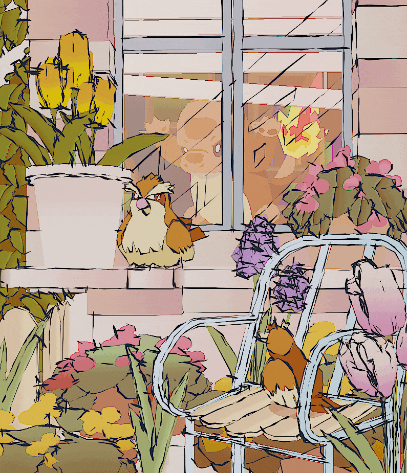 3d, animal_focus, animated, animated_gif, bird, black_eyes, blender_(medium), blinders, bright_pupils, bush, charmander, commentary, english_commentary, flame-tipped_tail, flower, kcamberart, lawn_chair, looking_at_another, looking_through_window, low_poly, no_humans, on_chair, on_windowsill, outdoors, pidgey, pink_flower, pink_tulip, plant, pokemon, pokemon_(creature), potted_plant, purple_flower, solo_focus, tulip, white_pupils, yellow_flower, yellow_tulip