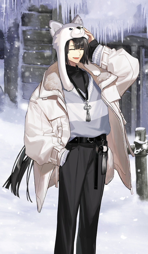 1boy, anastasia_(lostbelt)_(fate/grand_order), animal_charm, animal_hat, belt, belt_buckle, black_belt, black_hair