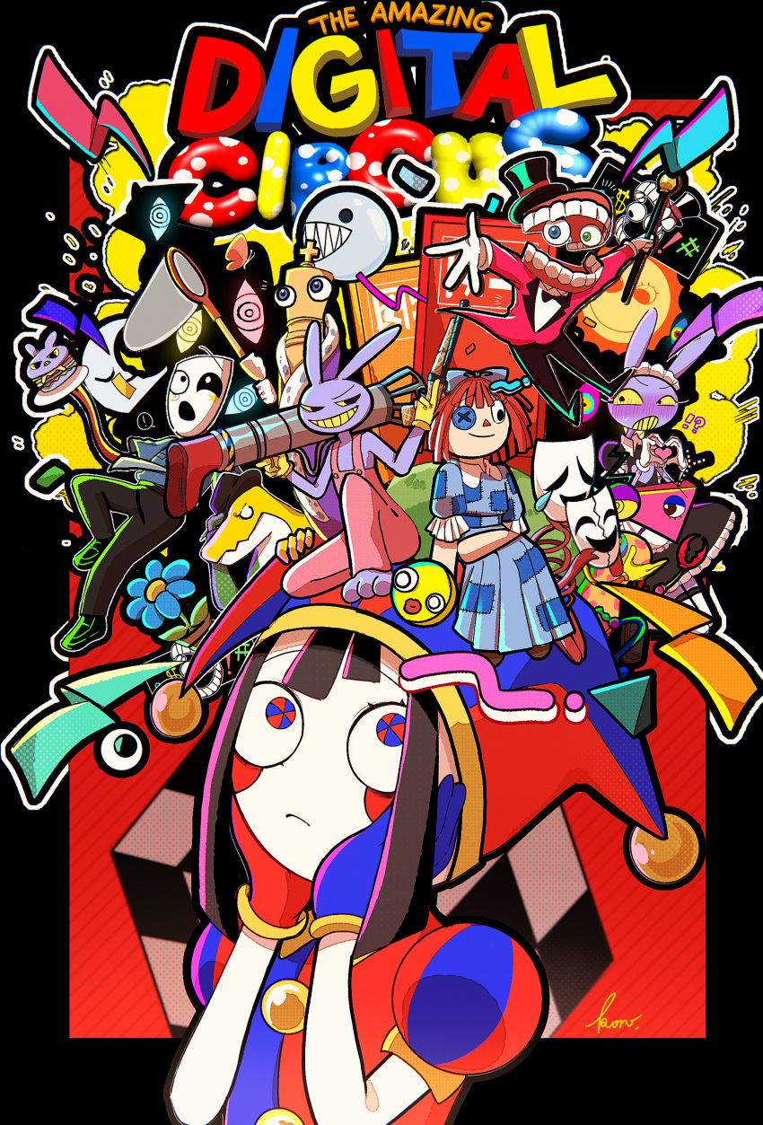 !?, abstraction_(the_amazing_digital_circus), absurdres, asymmetrical_gloves, black_bow, black_bowtie, black_shoes, blue_bow