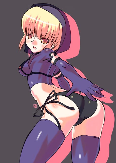 blonde_hair, breasts, elbow_gloves, ernula, gloves, impossible_clothes, impossible_clothing, looking_back