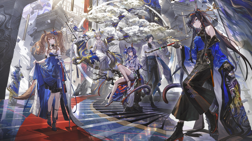 1boy, 4girls, absurdres, alternate_costume, ambience_synesthesia, angelina_(ambience_synesthesia_2025)_(arknights), angelina_(arknights), animal_ears
