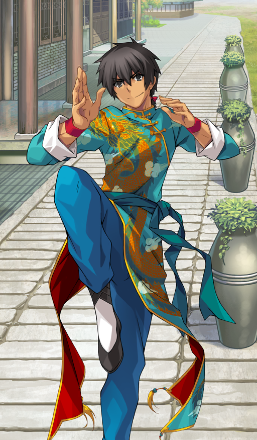 >:), 1boy, aqua_sash, arash_(fate), architecture, black_(artist), black_eyes, black_hair, black_shoes, blue_pants, bow, building, chinese_clothes, clothing_request, commentary, dark-skinned_male, dark_skin, dragon_print, east_asian_architecture, fate/grand_order, fate_(series), fighting_stance, floating_clothes, foot_out_of_frame, hair_between_eyes, hair_bow, hands_up, leg_up, long_sleeves, low_ponytail, male_focus, medium_hair, official_alternate_costume, official_art, outdoors, pants, ponytail, red_bow, s_i_n_(fate/grand_order), shanghai_neckline, shoes, short_ponytail, side_slit, smile, socks, solo, standing, standing_on_one_leg, third-party_source, v-shaped_eyebrows, white_socks, wristband