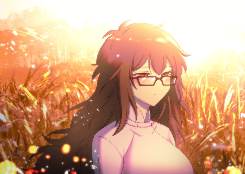 1girl, absurdres, breasts, brown_hair, commentary, english_commentary, glasses, grass, highres, large_breasts, long_hair, original, portrait, profile, red_eyes, school_uniform, senukin, smile, solo, tall_grass, vietnamese_high_school_uniform