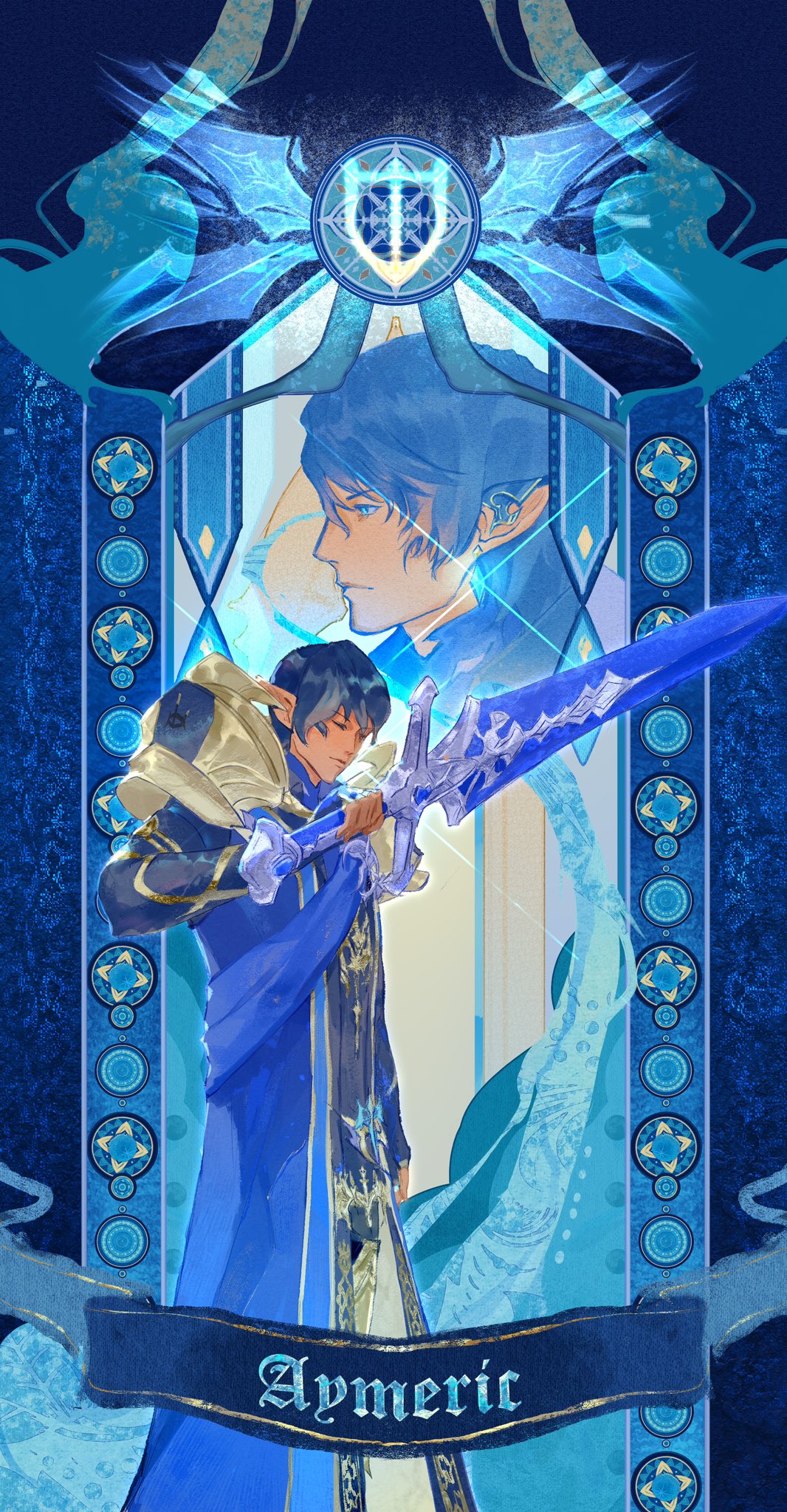 1boy, arm_up, armor, aymeric_de_borel, banner, black_hair, blue_coat, blue_eyes, blue_theme, character_name, closed_eyes, closed_mouth, coat, commentary, ear_covers, elezen, elf, feet_out_of_frame, final_fantasy, final_fantasy_xiv, hair_between_eyes, hashtag-only_commentary, highres, holding, holding_sword, holding_weapon, long_pointy_ears, long_sleeves, looking_ahead, male_focus, multiple_views, pauldrons, pointy_ears, profile, shoulder_armor, solo, standing, sword, szentnsidona, weapon