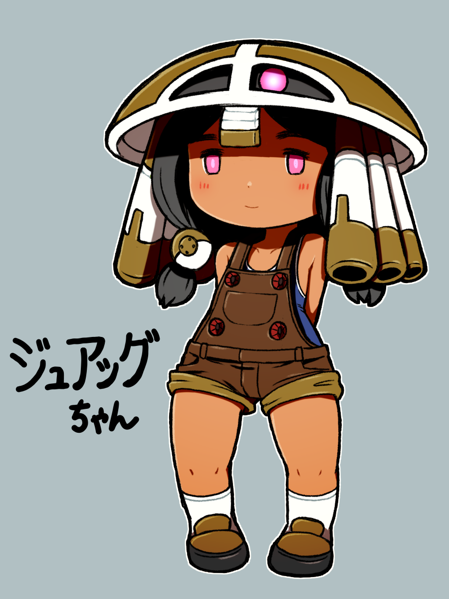 1girl, arms_behind_back, bare_shoulders, beeru_(veil8801), black_hair, blue_one-piece_swimsuit, bright_pupils, brown_overalls