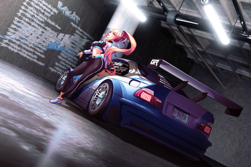 1girl, belt, black_pants, bmw, bmw_3_series, bmw_e46, bow, car