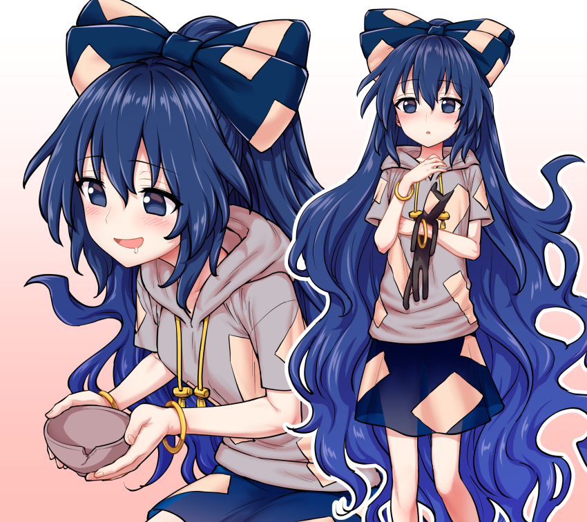 blue_bow, blue_eyes, blue_hair, blue_skirt, blush, bow, bowl, bracelet, crack, cracked_bowl, grey_hoodie, hair_between_eyes, hair_bow, highres, holding, holding_bowl, hood, hoodie, itou_yuuji, jewelry, long_hair, multiple_views, open_mouth, saliva, see-through_clothes, see-through_skirt, short_sleeves, skirt, touhou, very_long_hair, yorigami_shion
