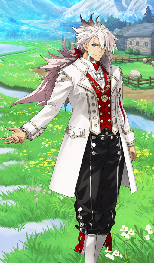 1boy, arm_at_side, ascot, black_pants, blue_eyes, bow, building, buttons