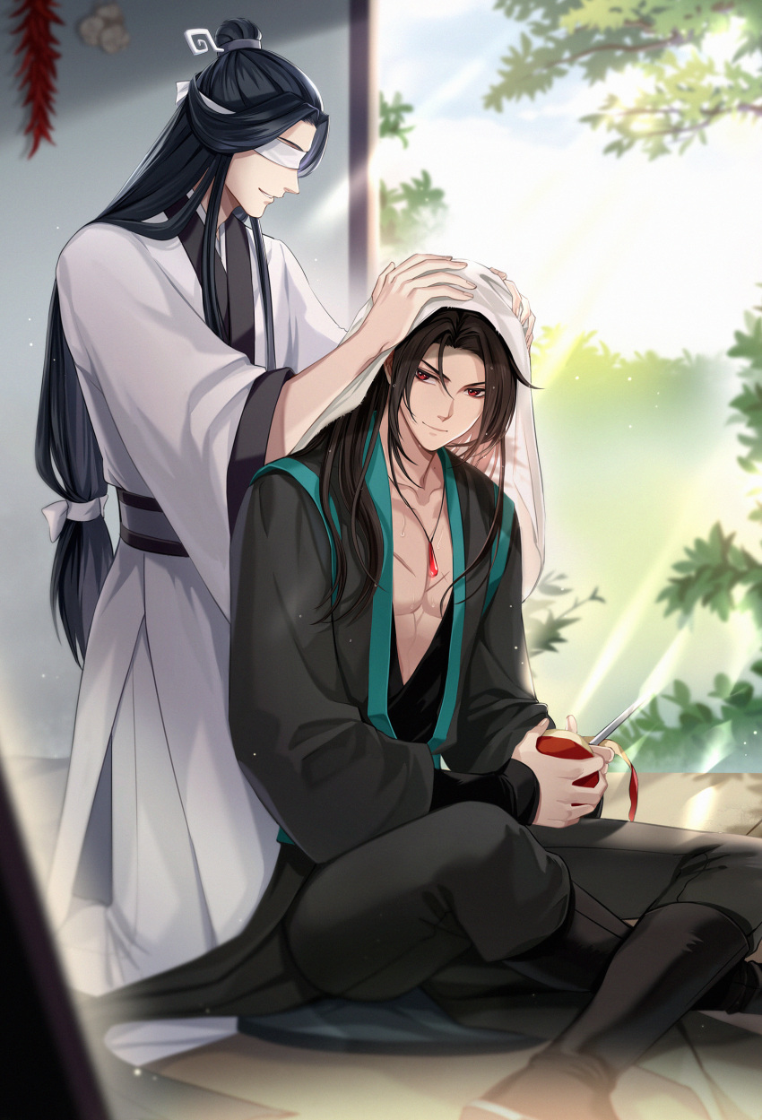 2boys, absurdres, apple, black_boots, black_hair, black_hanfu, blindfold, blurry, blurry_foreground, boots, chinese_clothes, closed_mouth, crossed_legs, day, drying, drying_hair, feet_out_of_frame, food, fruit, hair_down, hanfu, hanging_herbs, helen_roro, highres, holding, holding_food, holding_fruit, holding_knife, holding_towel, jewelry, kneeling, knife, light_rays, long_hair, long_sleeves, low-tied_long_hair, male_focus, modao_zushi, multiple_boys, necklace, open_clothes, pants, pectoral_cleavage, pectorals, peeling, red_eyes, scar, scar_on_chest, sitting, smile, sunbeam, sunlight, towel, tree, wet, wet_hair, white_blindfold, white_hanfu, white_pants, wide_sleeves, wooden_floor, xiao_guan_(headdress), xiao_xingchen, xue_yang