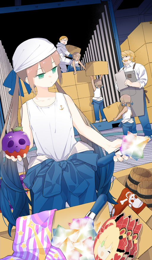 6+boys, ;d, age_difference, androgynous, apple, apron, arms_up, bare_arms