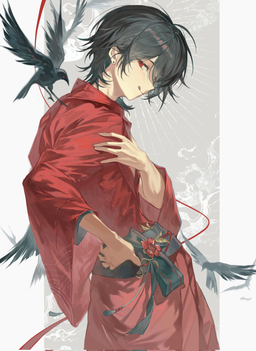 1boy, bird, black_hair, black_sash, corrupted_twitter_file, cowboy_shot, crow, daiba_shizuma
