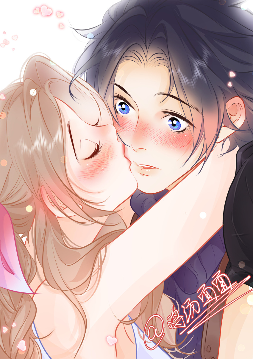 1boy, 1girl, absurdres, aerith_gainsborough, armor, arms_around_neck, bare_arms, bare_shoulders