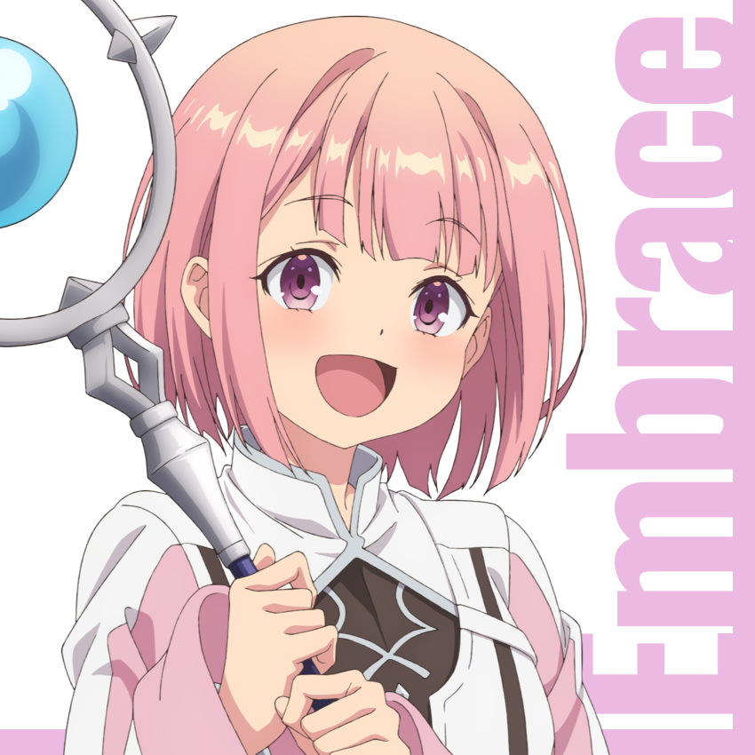 1girl, absurdres, album_cover, bob_cut, cover, dot_nose, english_text, guild_no_uketsukejou_desu_ga_zangyou_wa_iya_nanode_boss_wo_solo_toubatsu_shiyou_to_omoimasu