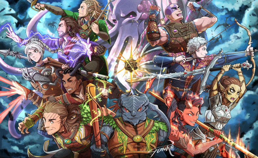 4girls, 6+boys, aiming, armor, arrow_(projectile), astarion, bald, baldur's_gate