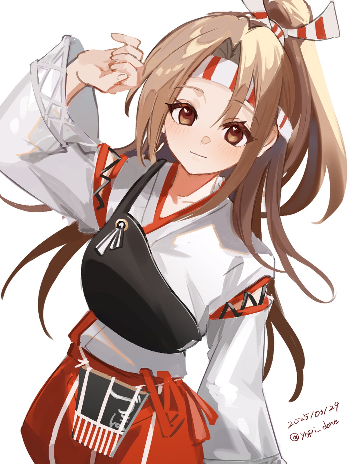 1girl, blush, brown_eyes, brown_hair, dated, hachimaki, hair_between_eyes, hair_ribbon, hakama, hakama_shorts, headband, high_ponytail, highres, japanese_clothes, kantai_collection, long_hair, long_sleeves, looking_at_viewer, muneate, ponytail, red_shorts, ribbon, shorts, simple_background, skirt, smile, solo, striped_headband, twitter_username, white_background, yopi_(yopi_dane), zuihou_(kancolle)