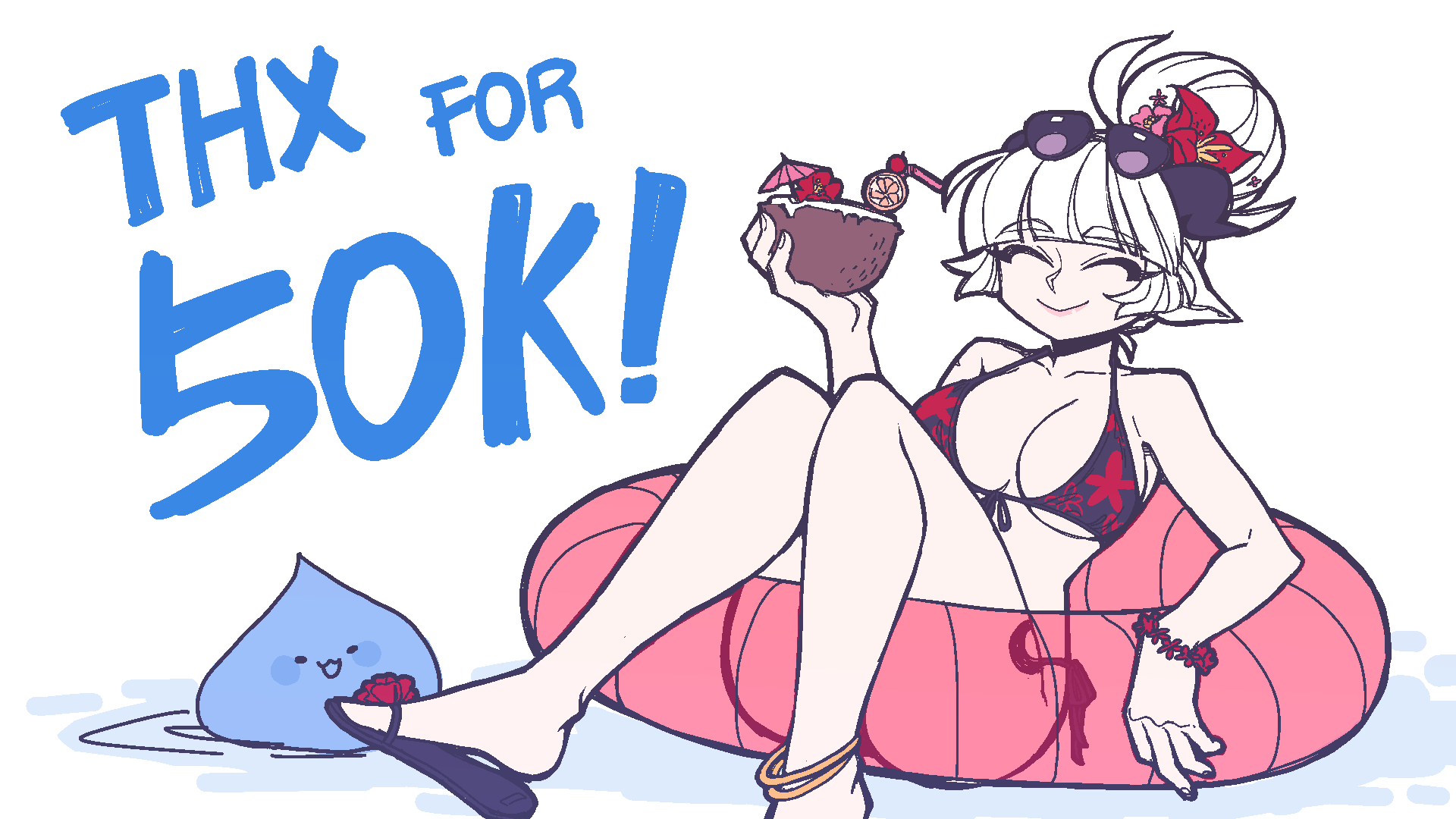 1girl, baphomet_(grizz), bikini, blush, bracelet, breasts, coconut, crescent