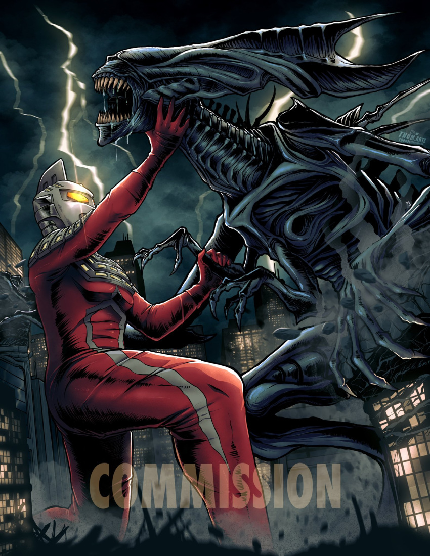 1boy, alien, alien_(series), alien_queen, aliens_(1986), battle, color_timer, colored_skin