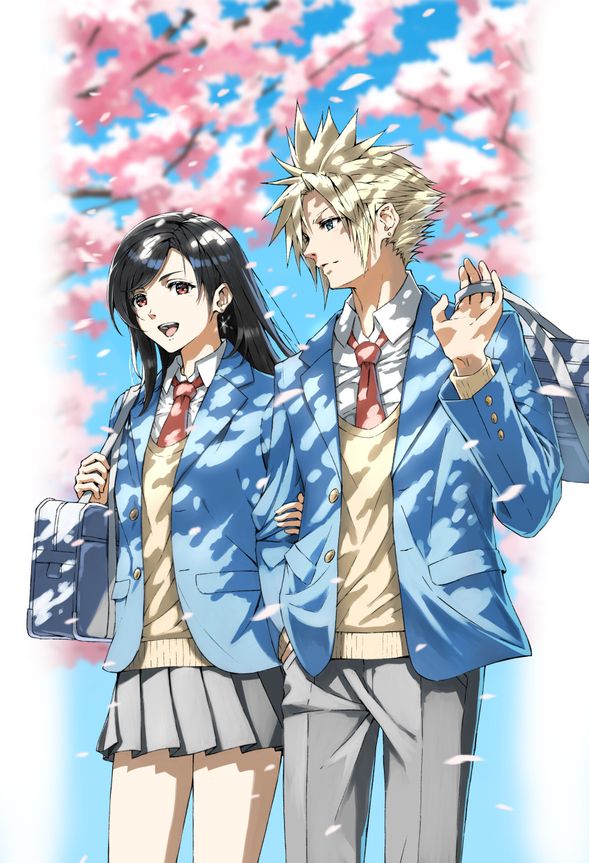 1boy, 1girl, absurdres, bag, black_hair, blonde_hair, blue_eyes, blue_jacket, blue_sky, branch, cherry_blossoms, cloud_strife, collared_shirt, commentary_request, contemporary, cowboy_shot, dappled_sunlight, earrings, falling_petals, final_fantasy, final_fantasy_vii, glint, grey_pants, grey_skirt, hand_in_pocket, hand_on_another's_arm, height_difference, highres, holding, holding_another's_arm, holding_bag, holding_strap, jacket, jewelry, light_blush, long_hair, long_sleeves, looking_at_another, loose_necktie, miniskirt, necktie, open_clothes, open_jacket, open_mouth, outdoors, pants, petals, pink_petals, pleated_skirt, red_eyes, red_necktie, school_bag, school_uniform, shirt, short_hair, shoulder_bag, single_earring, skirt, sky, spiky_hair, stud_earrings, sunlight, sweater_vest, swept_bangs, tifa_lockhart, white_shirt, yellow_sweater_vest, zupakyo