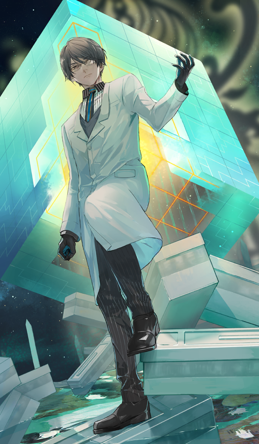 1boy, arm_at_side, black_boots, black_gloves, black_hair, black_necktie, black_pants, blue_necktie