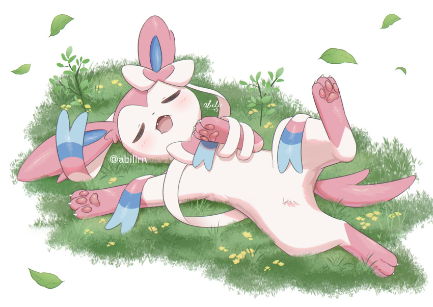 absurdres, blue_fur, closed_eyes, grass, highres, leaf, looking_at_viewer, lying