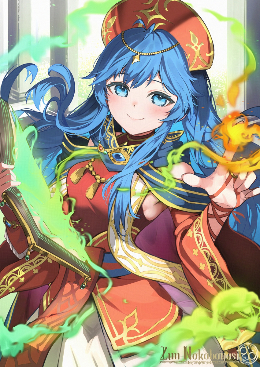 1girl, aqua_eyes, artist_name, blue_cape, blue_hair, blush, book, cape, closed_mouth, commentary_request, detached_sleeves, dress, fire, fire_emblem, fire_emblem:_the_binding_blade, fire_emblem_heroes, floating_hair, gold_trim, grimoire, hat, highres, holding, holding_book, lilina_(brilliant_flame)_(fire_emblem), lilina_(fire_emblem), long_hair, looking_at_viewer, magic, nakabayashi_zun, official_alternate_costume, open_book, red_dress, red_hat, smile, solo, very_long_hair
