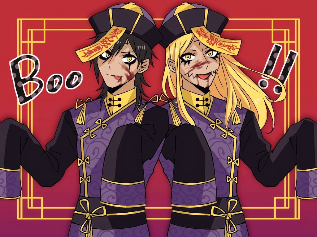 2boys, asymmetrical_sidelocks, black_eyeliner, black_hair, black_hat, black_sleeves, black_stripes, blonde_hair