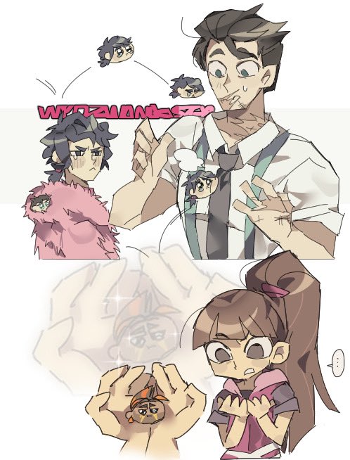 1girl, 3boys, alec_(disventure_camp), black_hair, black_necktie, blue_suspenders, brown_eyes, brown_hair