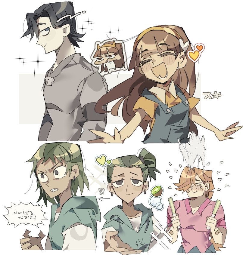 !?, 2boys, 2girls, black_hair, blue_eyes, blue_overalls, brown_hair, chibi, closed_eyes, collared_shirt, demon_horns, disventure_camp, dokusuji_(kw9onou58), fiore_(disventure_camp), flying_sweatdrops, glowstick, green_hair, grey_shirt, hairband, heart, holding, holding_glowstick, hood, hoodie, horns, hunter_(disventure_camp), jewelry, kai_(disventure_camp), long_hair, maggie_(disventure_camp), multiple_boys, multiple_girls, necklace, overalls, pink_shirt, red_hair, shirt, short_hair, skull_necklace, sleeveless, sleeveless_hoodie, smile, translation_request, yellow_hairband, yellow_shirt