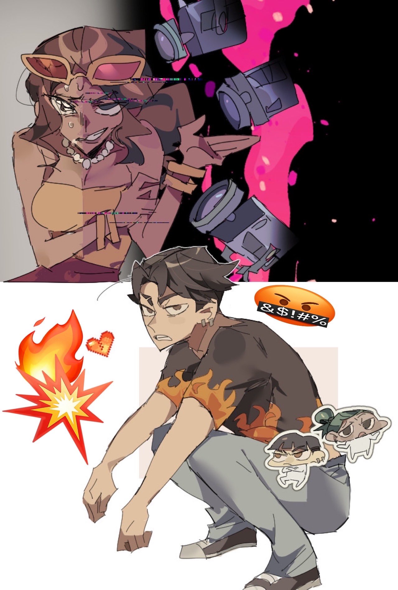 1girl, 2boys, black_hair, black_shirt, black_shoes, chibi, commentary_request, dark-skinned_female, dark_skin, disventure_camp, dokusuji_(kw9onou58), earrings, emoji, eyewear_on_head, flame_print, glitch, green_hair, grey_pants, hair_bun, heart, highres, jewelry, kai_(disventure_camp), multiple_boys, necklace, pants, pearl_necklace, pink-tinted_eyewear, pixel_heart, riya_(disventure_camp), shirt, shoes, squatting, stage_lights, strapless, strapless_shirt, tinted_eyewear, yellow-framed_eyewear, yellow_shirt, yul_(disventure_camp)