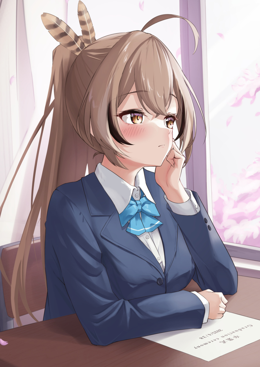 1girl, absurdres, ahoge, alternate_costume, blazer, blue_bow, blue_jacket, bow