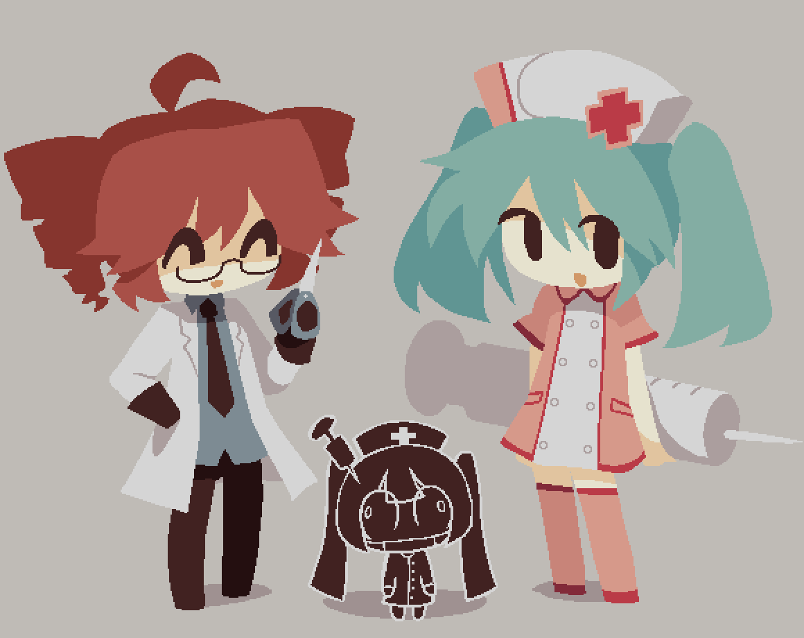 3girls, ^_^, ahoge, aqua_hair, black_necktie, blue_shirt, boots, closed_eyes, coat, commentary, deformed, dress, drill_hair, dual_persona, english_commentary, glasses, grey_background, hat, hatsune_miku, holding, holding_scissors, holding_syringe, igaku_(utau), jaggy_lines, kasane_teto, koiiro_byoutou_(vocaloid), lab_coat, long_hair, magical_doctor_(vocaloid), medium_hair, meltypen, multiple_girls, necktie, no_lineart, nurse, nurse_cap, open_mouth, pink_boots, pink_dress, red_hair, scissors, shirt, simple_background, songover, standing, syringe, trait_connection, twin_drills, twintails, utau, vocaloid, white_coat