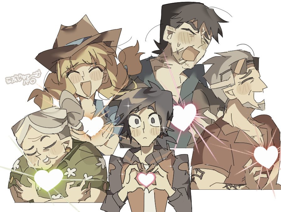 2girls, 3boys, ashley_(disventure_camp), blonde_hair, brown_hat, closed_eyes, collared_shirt, commentary_request