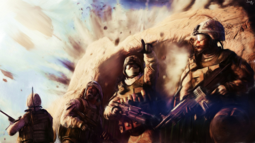 4boys, 8894_(3950419), combat_helmet, explosion, gloves, gun, helmet, highres, holding, holding_gun, holding_weapon, medal_of_honor, medal_of_honor:_warfighter, military_combat_uniform, military_uniform, multiple_boys, open_mouth, pointing, weapon