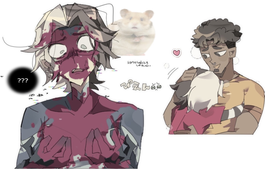 2boys, afro, aiden_(disventure_camp), black_hair, blood, blood_on_face, blood_on_hands, commentary_request