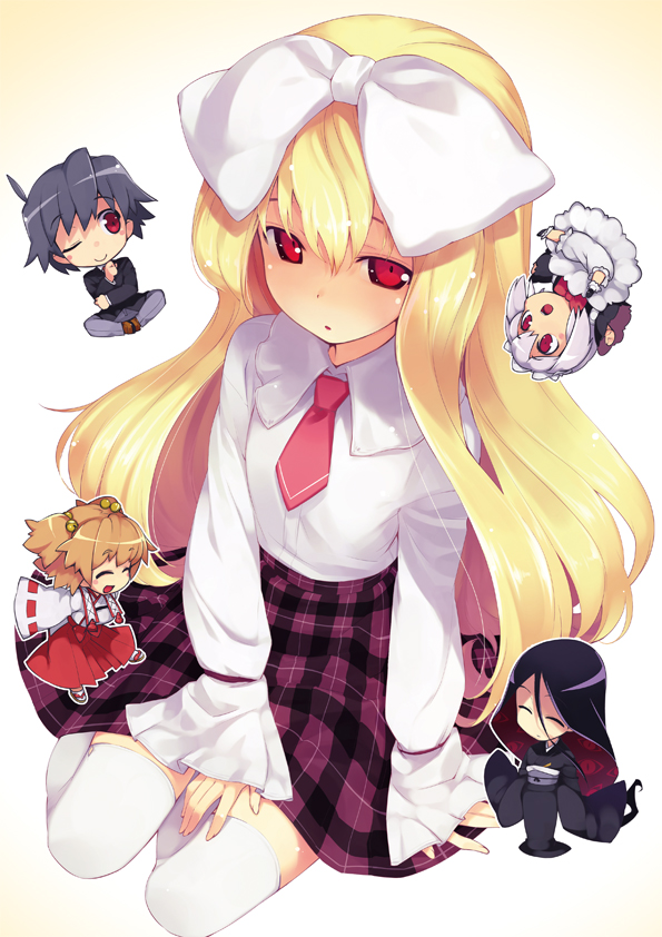 bow, character_request, chibi, chibi_inset, doumeki, hair_bow, japanese_clothes, kannagi-ke_e_youkoso!, kannagi_amane, kannagi_hana, kannagi_tamaki, kimono, kinjou_ai, long_hair, maid, miko, minigirl, necktie, obi, official_art, plaid, plaid_skirt, reach_engage, red_eyes, sitting, skirt, sumaki_shungo, thigh-highs, thighhighs, white_legwear, white_thighhighs